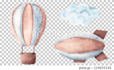 Air transport set. Airship or Dirigible and Hot Air Balloon, Cloud in blue and brown colors. Watercolor Hand drawn Children's illustration isolated on white background. Vintage style. Design Element 124655148
