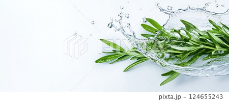 Fresh rosemary sprig with water splash on white background. 124655243