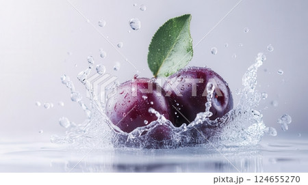 Two fresh plums with water splash and leaf. 124655270