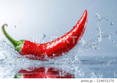 Red chili pepper splashing in water, isolated on white background. 124655278
