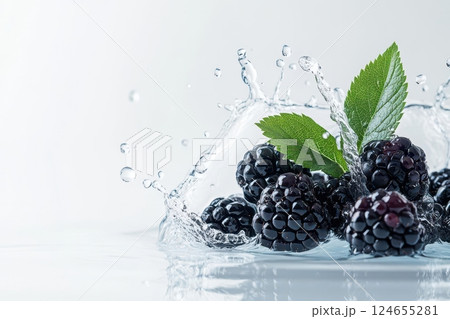 Blackberries with water splash and green leaves 124655281