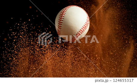Freeze Motion Detail Shot of Baseball Ball with Clay Explosion 124655317