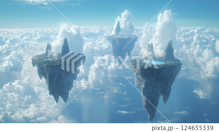Fantastic frontiers landscape. Floating islands with lush greenery and clouds in serene sky Fantastic frontiers landscape. Floating islands with lush greenery and clouds in serene sky 124655339