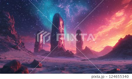Fantastic frontiers landscape. Surreal alien landscape with glowing monoliths vibrant starry sky 124655340