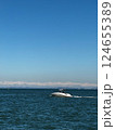 Speedboat on Deep Blue Ocean with Snowy Mountains in Background 124655389