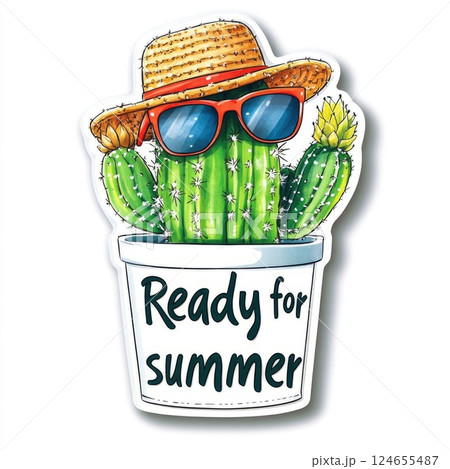 Blooming funny cactus in a pot wearing a hat and sunglasses with the inscription Ready for summer. sticker 124655487