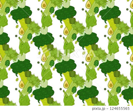 Green Plant vegetables close up seamless pattern. Flat vector illustration. Green plant chlorophyll texture for organic wallpapers, eco, agro and scientific design. seeds repeated backdrop 124655565