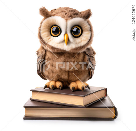 本の上に乗っている可愛いフクロウのぬいぐるみ 本の上に乗っている可愛いフクロウのぬいぐるみ 124655676