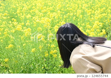 菜の花と美女の後ろ姿 124655744