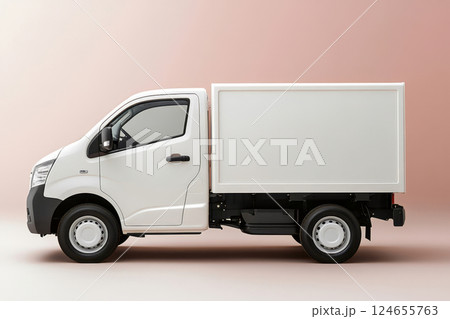 Minimalist white delivery truck with a cargo box in a clean studio background 124655763