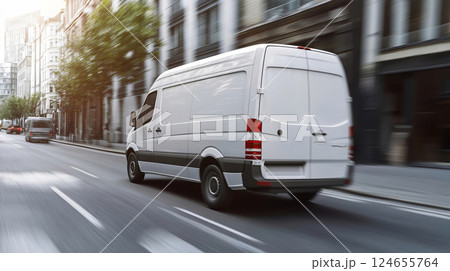 White delivery van speeding on an urban road with motion blur effect 124655764