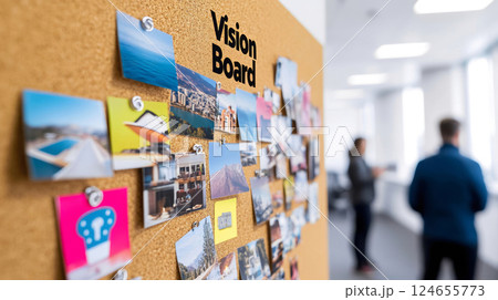 Inspirational vision board showcasing travel dreams, personal growth, and future aspirations 124655773