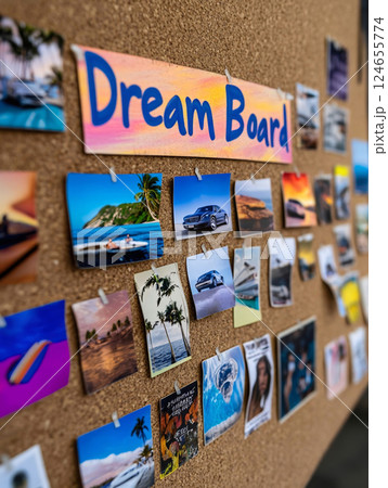 Close-up of a vibrant dream board filled with colorful images and motivational quotes 124655774