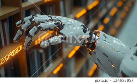 The robot's hand reaching for a book in a library with orange neon accents. The robot's hand reaching for a book in a library with orange neon accents. 124655957