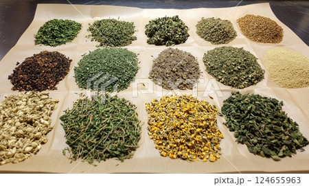 Various dried and fresh herbs, such as thyme, oregano, and sage, laid out on paper.  124655963