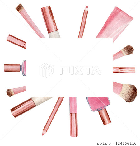 Square composition with cosmetic products. Watercolor illustration, composition isolated on white background for cards, invitations, postcards Square composition with cosmetic products. Watercolor illustration, composition isolated on white background for cards, invitations, postcards 124656116