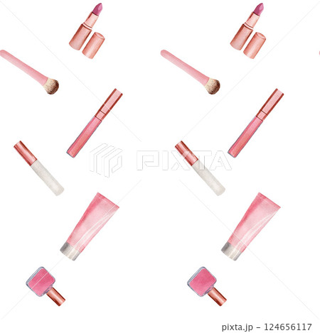 Seamless pattern with cosmetic products - nail polish, cosmetic brush, cream tube, lip gloss. Handmade watercolor illustration on white background 124656117