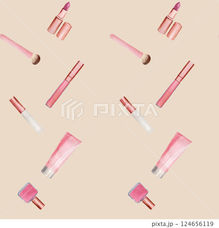 Seamless pattern with cosmetic products - nail polish, cosmetic brush, cream tube, lip gloss. Handmade watercolor illustration on beige background 124656119