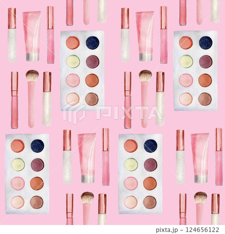 Seamless pattern with cosmetic products - eye shadow, cosmetic brush, cream tube, lip gloss. Handmade watercolor illustration on pink background 124656122