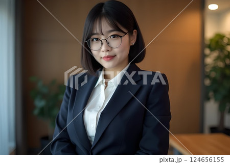 オフィスに立っているメガネをかけてぽっちゃりした女性 124656155