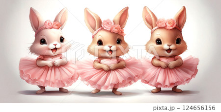 かわいい3匹のウサギのバレリーナのぬいぐるみ 124656156