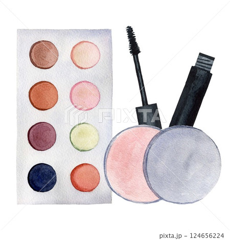 Composition with make up products - powder, mascara, eye shadow, watercolor illustrations isolated on white background. For design, flyers, postcards Composition with make up products - powder, mascara, eye shadow, watercolor illustrations isolated on white background. For design, flyers, postcards 124656224