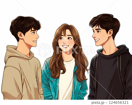 会話をしている3人の若い男女 会話をしている3人の若い男女 124656321