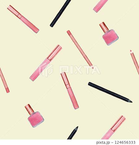 Seamless pattern with cosmetic products - eyeliner, lip gloss, nail polish, lip liner. Handmade watercolor illustration on beige background. Seamless pattern with cosmetic products - eyeliner, lip gloss, nail polish, lip liner. Handmade watercolor illustration on beige background. 124656333