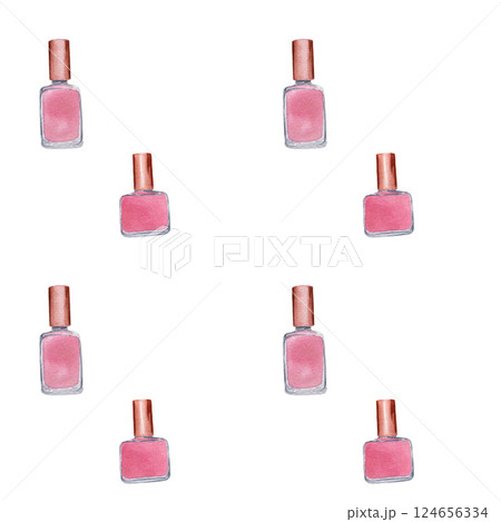 Seamless pattern with pink nail polish. Handmade watercolor illustration on white background. For wrapping paper, textile, wallpaper, fabric Seamless pattern with pink nail polish. Handmade watercolor illustration on white background. For wrapping paper, textile, wallpaper, fabric 124656334