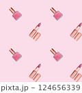 Seamless pattern with pink nail polish and lipstick. Handmade watercolor illustration on pink background. For wrapping paper, textile, wallpaper 124656339