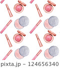 Seamless pattern with cosmetic products - powder, eye shadow, lip gloss. Handmade watercolor illustration on white background. For wrapper, textile 124656340