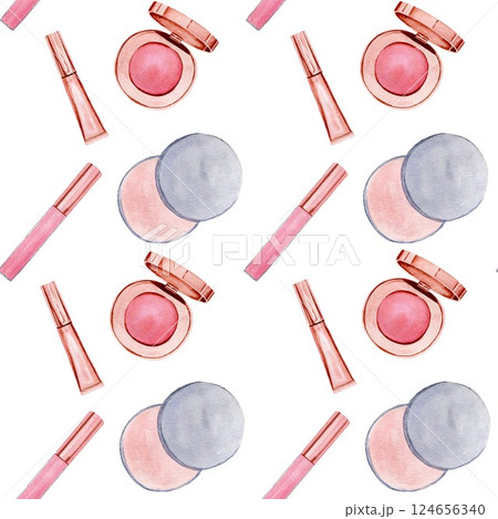 Seamless pattern with cosmetic products - powder, eye shadow, lip gloss. Handmade watercolor illustration on white background. For wrapper, textile 124656340