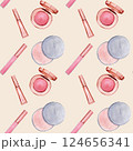 Seamless pattern with cosmetic products - powder, eye shadow, lip gloss. Handmade watercolor illustration on beige background. For wrapper, textile 124656341