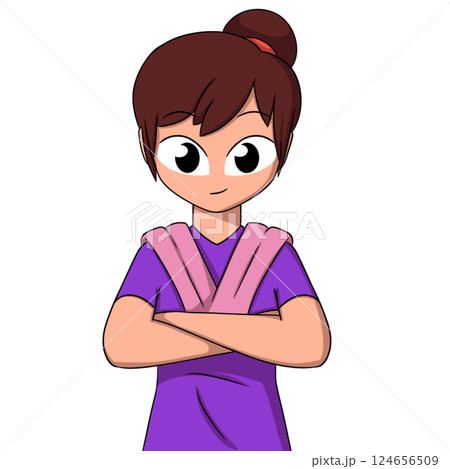 Cartoon Woman with Arms Crossed and Hair Bun. Character Portrait Illustration Cartoon Woman with Arms Crossed and Hair Bun. Character Portrait Illustration 124656509