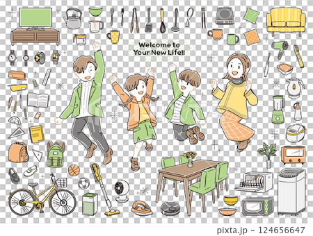 引っ越し＆新生活！家具・家電とジャンプする家族のイラストセット　線画 124656647