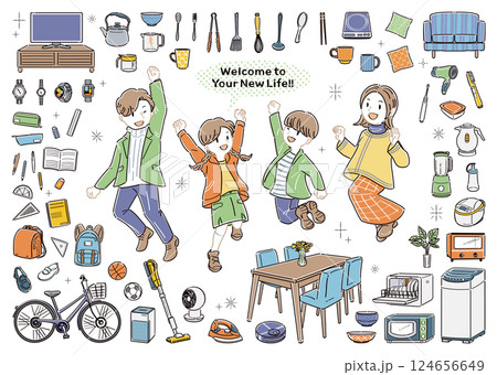 引っ越し＆新生活！家具・家電とジャンプする家族のイラストセット　線画 124656649