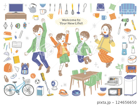 引っ越し＆新生活！家具・家電とジャンプする家族のイラストセット 124656650