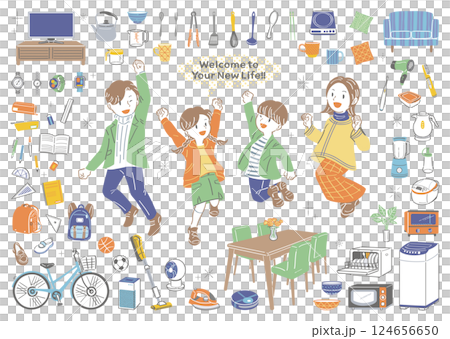 Moving & new life! Illustration set of furniture, home appliances and a jumping family 124656650