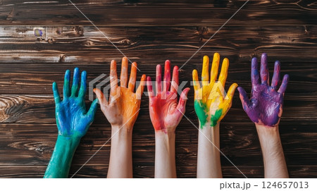Hands with different colors of paint on them, on a wooden background.  124657013