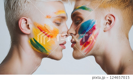 Two handsome men, with painted faces, are kissing against a white background. 124657015