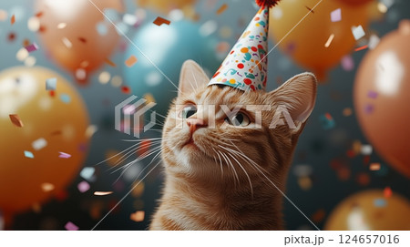 Happy cat wearing a colorful party hat surrounded by balloons and confetti.	 124657016
