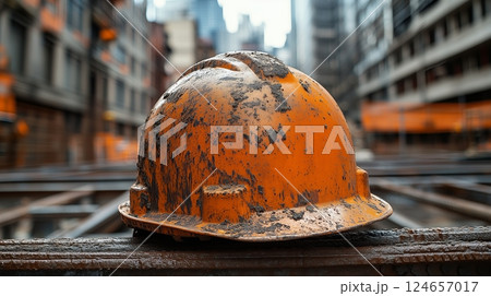 A rugged orange construction helmet rests on top of a building material.  124657017