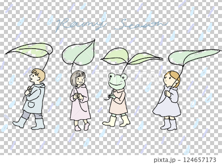 Color hand-drawn vector illustration of a child and a frog on a rainy day 124657173
