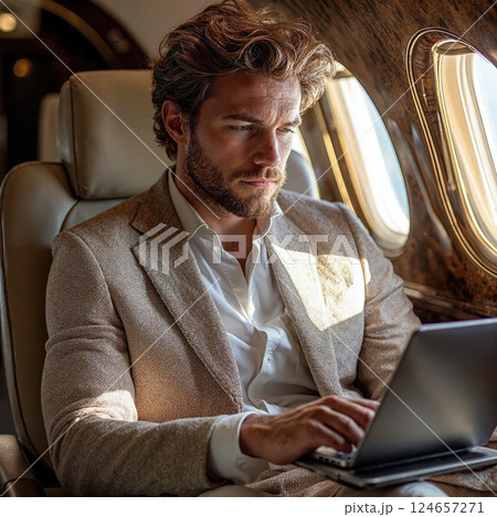 Businessman in luxurious private jet setting, typing on laptop for corporate travel and productivity 124657271