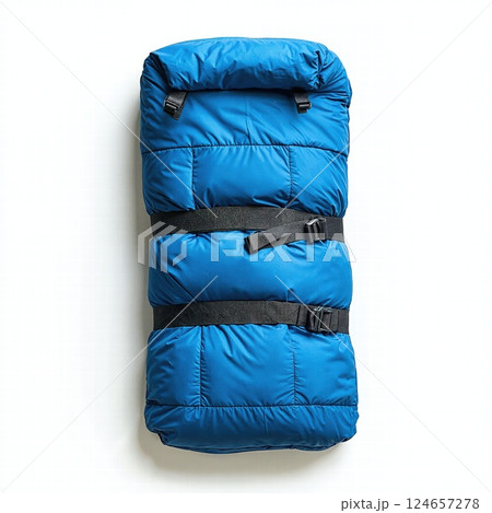 Compact blue sleeping bag with straps for outdoor camping and travel adventures 124657278