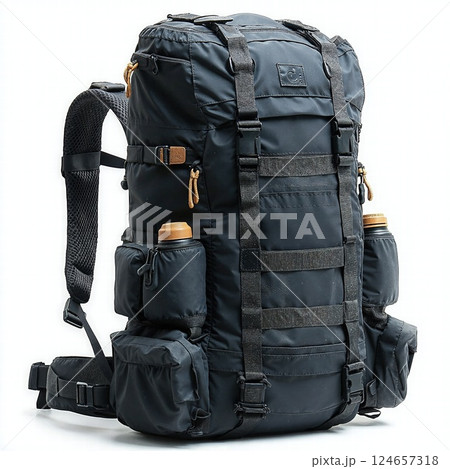 Rugged outdoor hiking backpack with multiple compartments and hydration holders 124657318