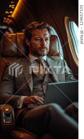 Sophisticated business traveler working on laptop in luxurious private jet cabin 124657335