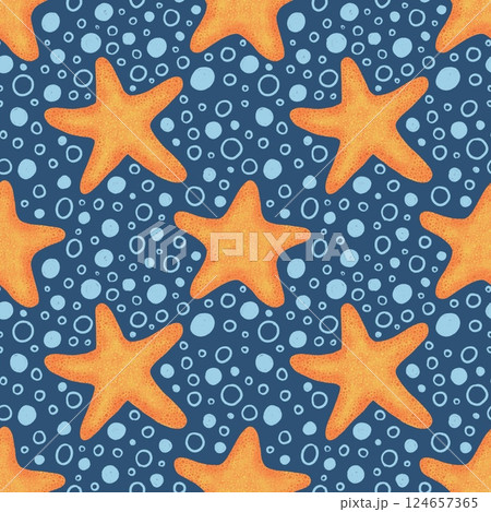 Orange Star fish seamless pattern on blue background with dots. Cartoon illustration Orange Star fish seamless pattern on blue background with dots. Cartoon illustration 124657365