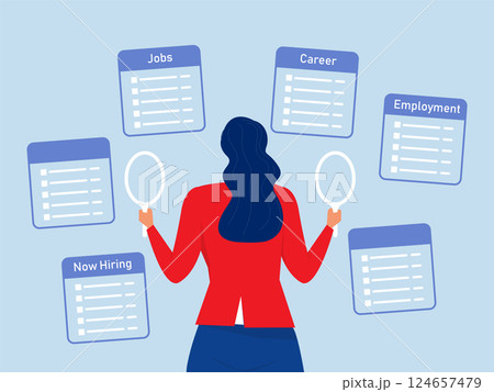 Businesswoman using magnifying glass in both hands searching for new hiring career.Job seeking, search for new career and opportunity job vacancy concept vector Businesswoman using magnifying glass in both hands searching for new hiring career.Job seeking, search for new career and opportunity job vacancy concept vector 124657479