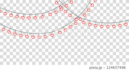 Hanging heart garland with red paper hearts on a string. 124657496